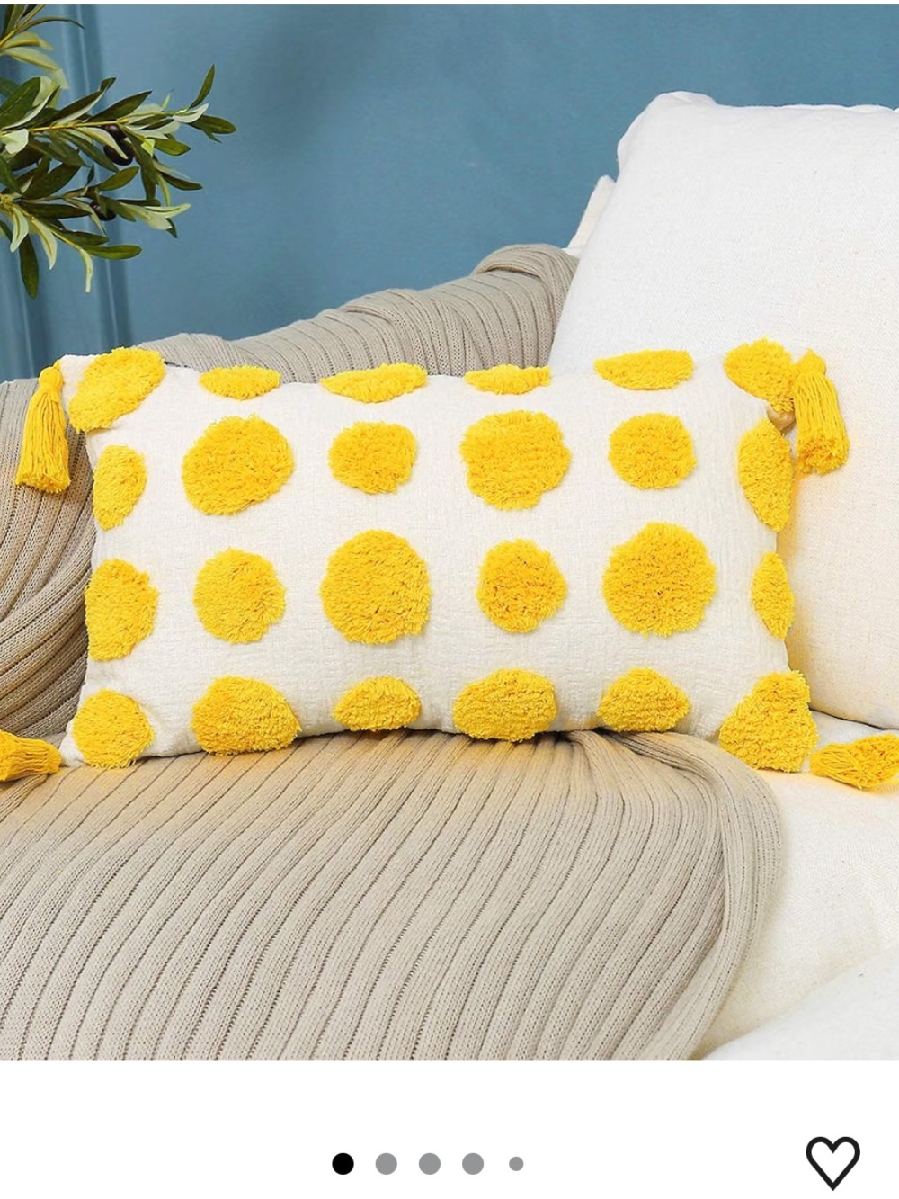 Yellow Tufted Polka Dot Lumbar Pillow Cover 12x20” new no tag